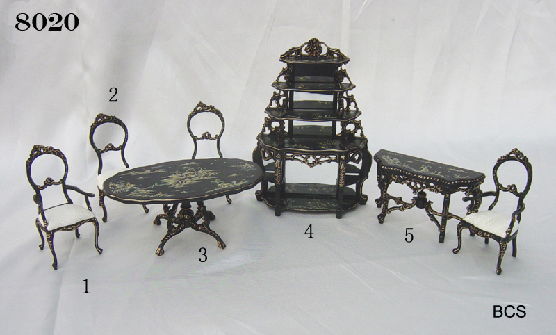 8020 Ornate oriental Black Lacquer Dining Room Set 7 pieces